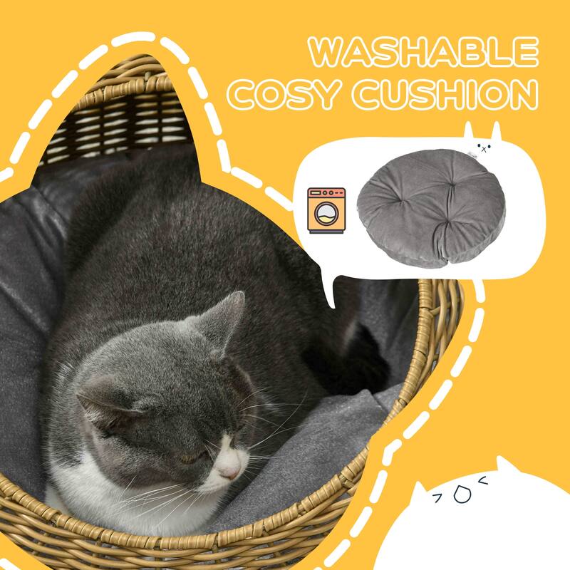 PawHut Rattan Cat Bed with Washable Cushion for Cats, Puppies, Light Brown