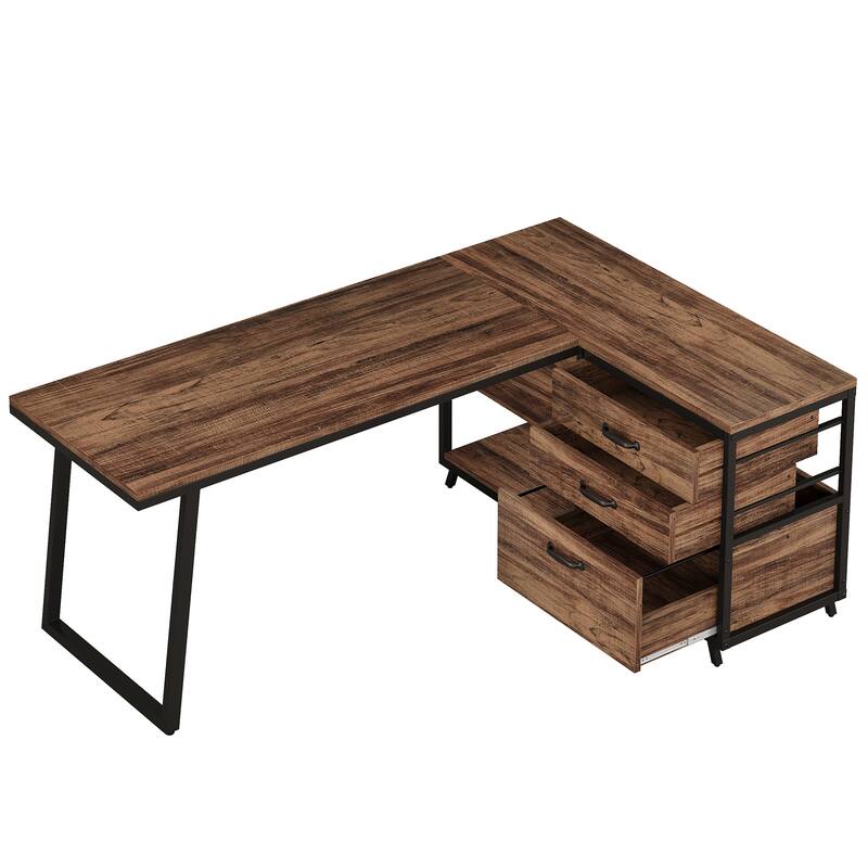 53" Reversible L-Shaped Computer Desk with 3 Drawers and Storage Shelves, Rustic Brown