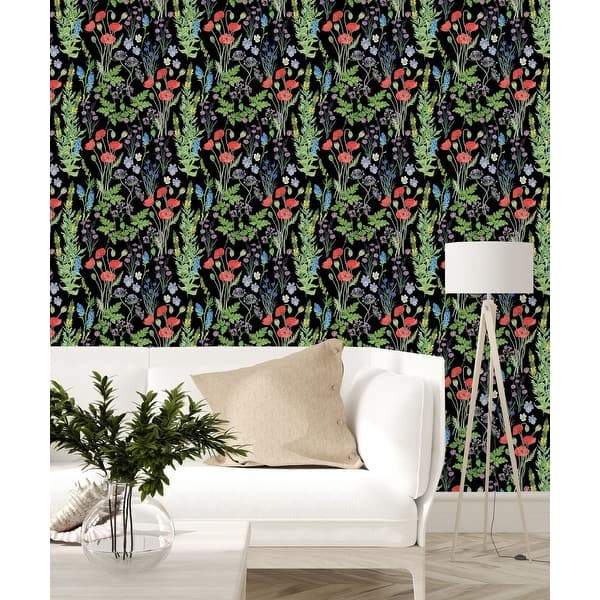 Dark Wallpaper with Meadow Flowers Peel and Stick and Prepasted - Bed ...