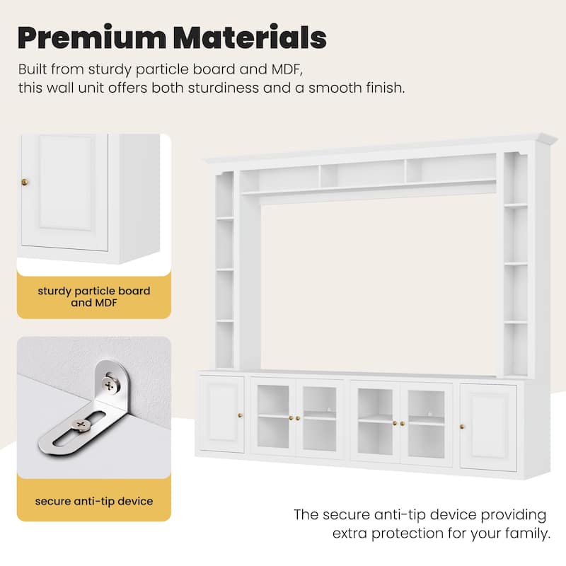 Entertainment Center Wall Unit Set with Bookshelves, Large 92" TV Stand with Glass Doors & Adjustable Shelves, for TVs Up to 80"