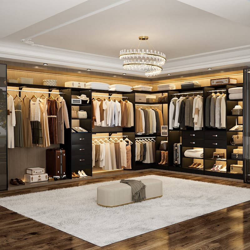 Navada 79'' - 110'' Freestanding Corner Closet System, Reversible Closet Organizer with Drawers and Hanging Rods