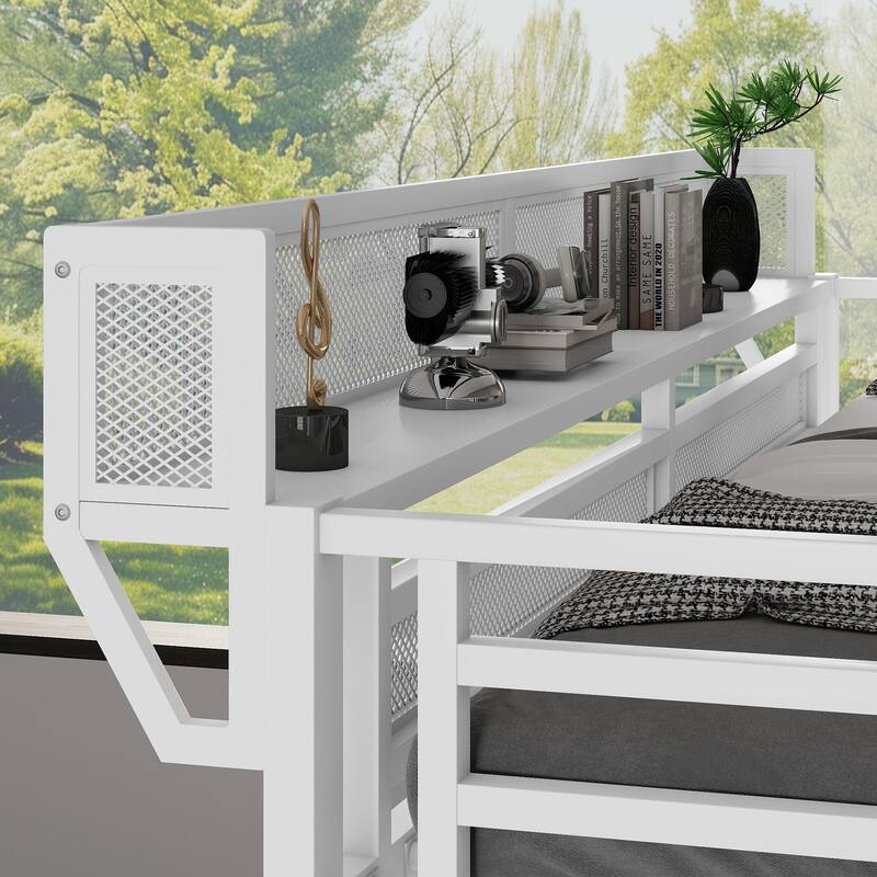 Twin XL Size Loft Bed with Stairs, Metal Full Loft Bed with Storage Shelves, High Loft Bed with Wardrobe for Kids Teens