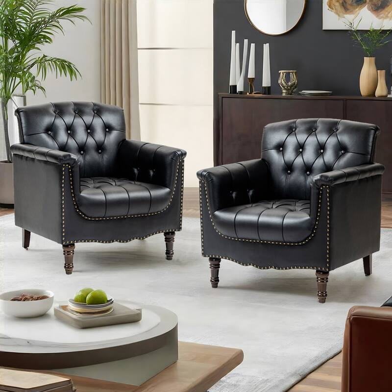 Set of 2 Tufted Vegan Leather Armchairs with Nailhead Trim and Wood Frame
