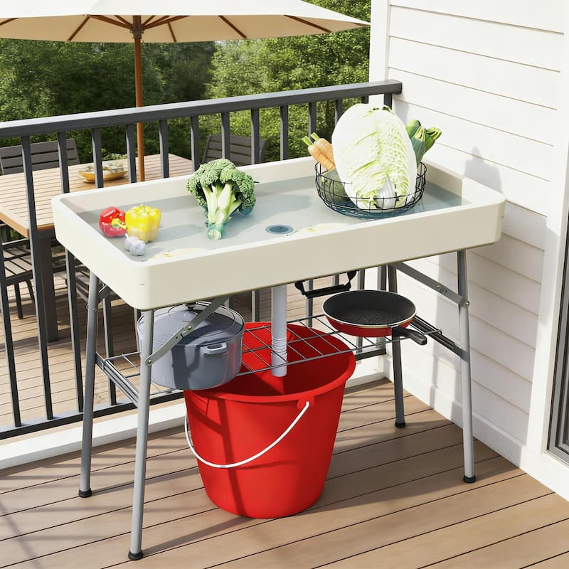 GDFStudio - Orion Folding Outdoor Ice Cooler Table for Effortless Entertaining - Tan - Ice Cooler Table
