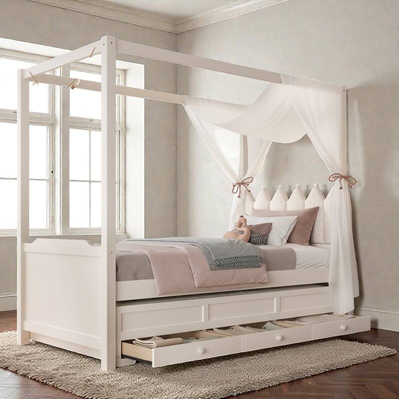 Princess Canopy Platform Bed with Upholstered Headboard, Trundle and 3 Drawers, Kids House Bed Frame with Storage - Beige - Twin