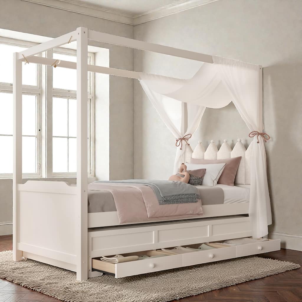 Princess Canopy Platform Bed with Upholstered Headboard, Trundle and 3 Drawers, Kids House Bed Frame with Storage