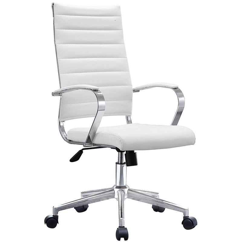 Set of Two (2) Modern White High Back Office Chair Ribbed PU Leather Swivel Tilt Computer Desk Cushion Seat Boss