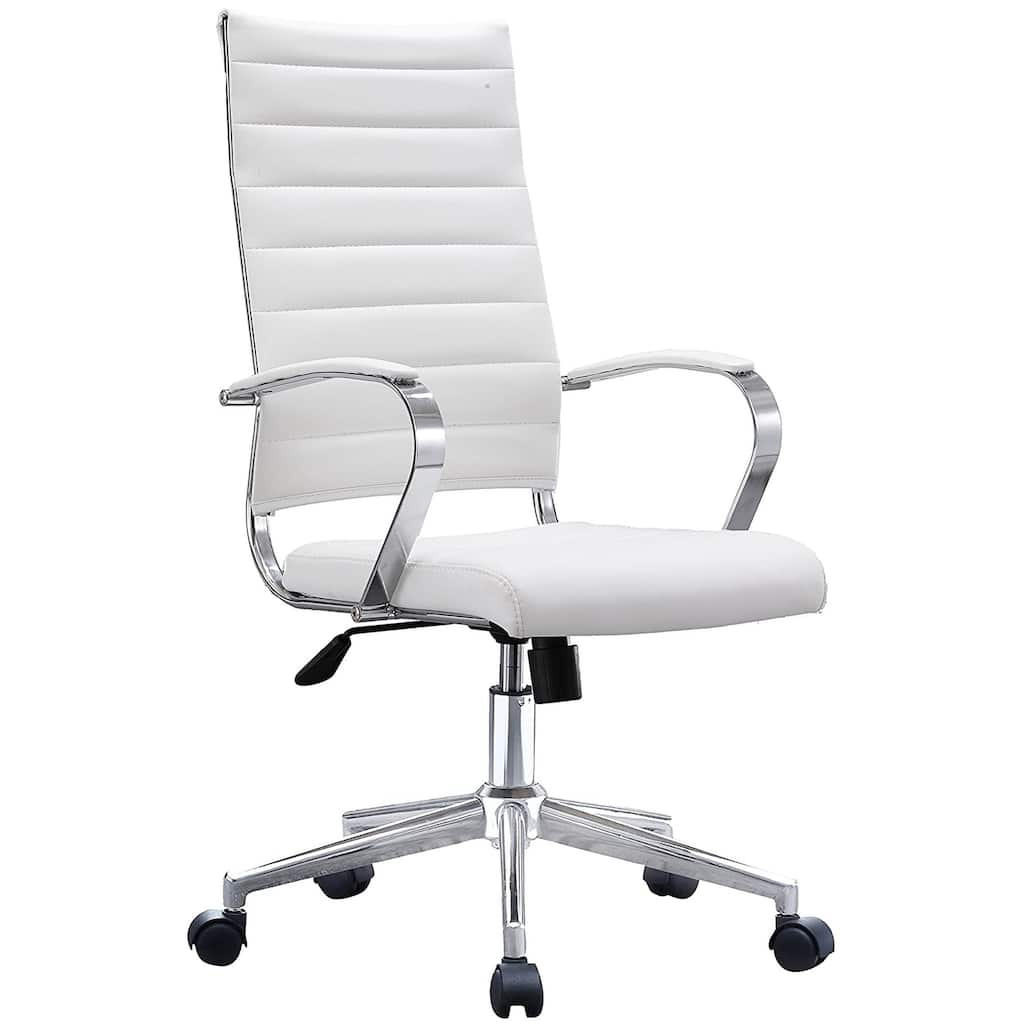 Set of Two (2) Modern White High Back Office Chair Ribbed PU Leather Swivel Tilt Computer Desk Cushion Seat Boss