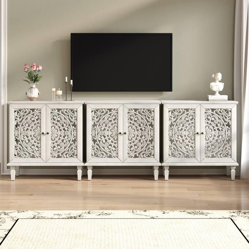 Roomfitters 2-Door Hollow-Carved Accent Cabinet, Symmetrical Floral Sideboard with Adjustable Shelf