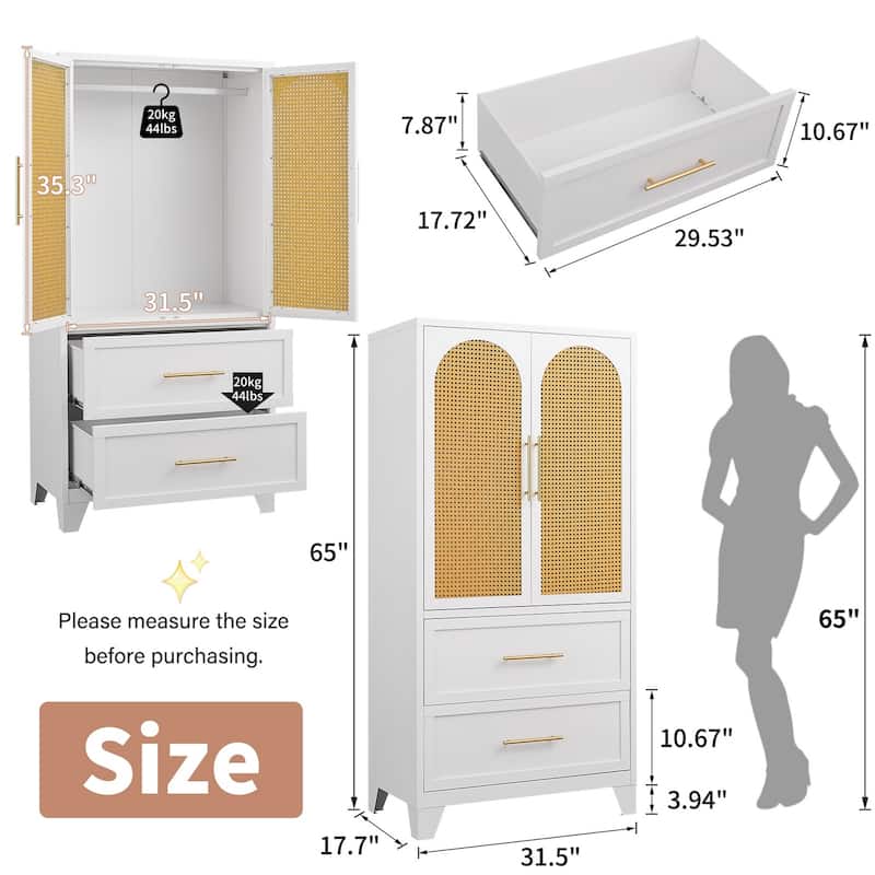 Rattan Armoire Wardrobe Closet Cabinet with Drawer & Hanging Rod - 65"H x 31.5"W x 17.7"D