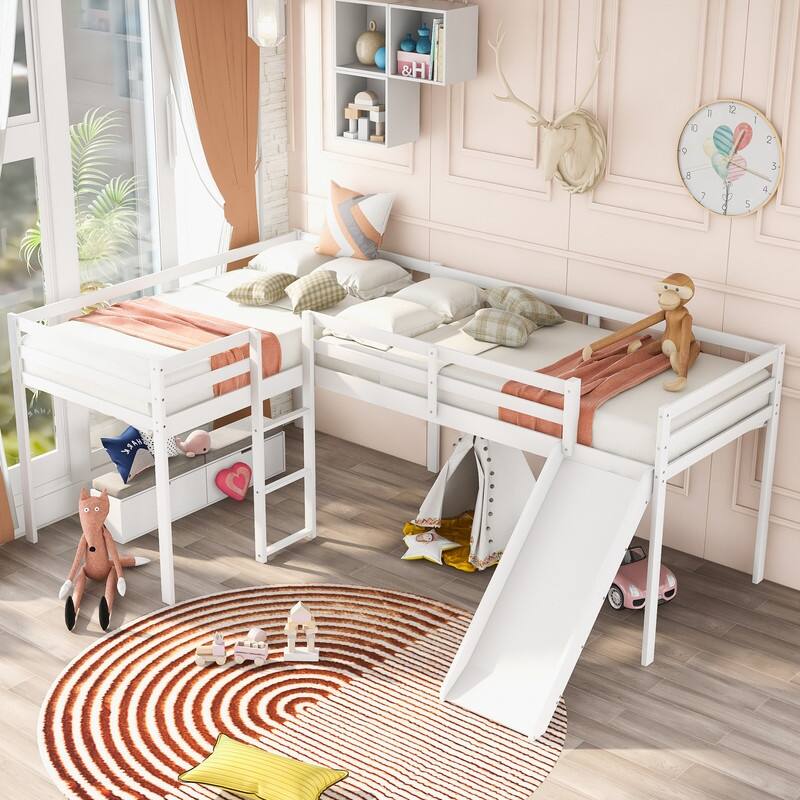 Wooden Twin Size L-Shaped Loft Bed with Ladder and Slide