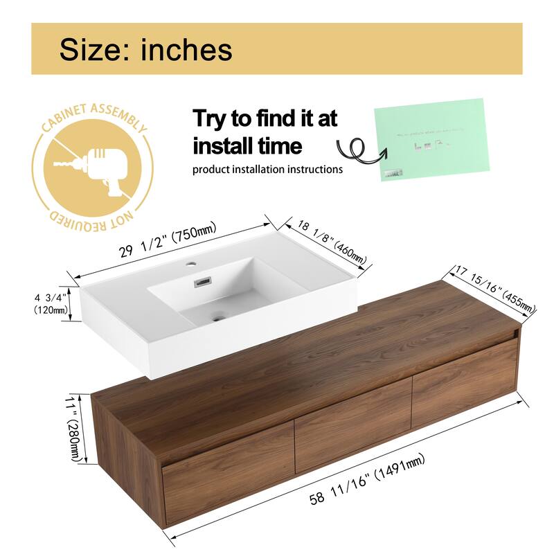 Malwee 30"/60" Floating Bathroom Vanity, Wall Mounted Bathroom Vanity with Single/Double Sink and Soft Close Drawers