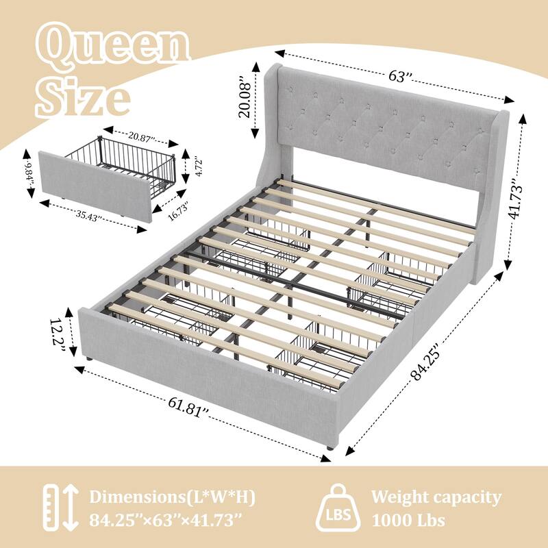 Grey Queen Size Upholstered Bed with Wingback Headboard, 4 Storage Drawers, Button Tufted Design