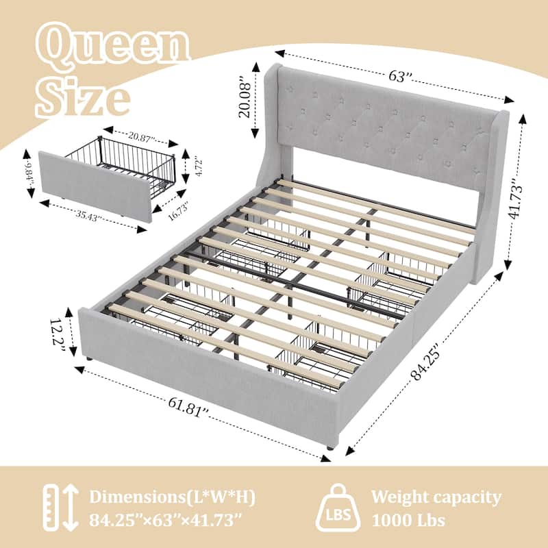 Queen Size Bed Frame with Storage Drawers and Wingback Headboard, Light Grey