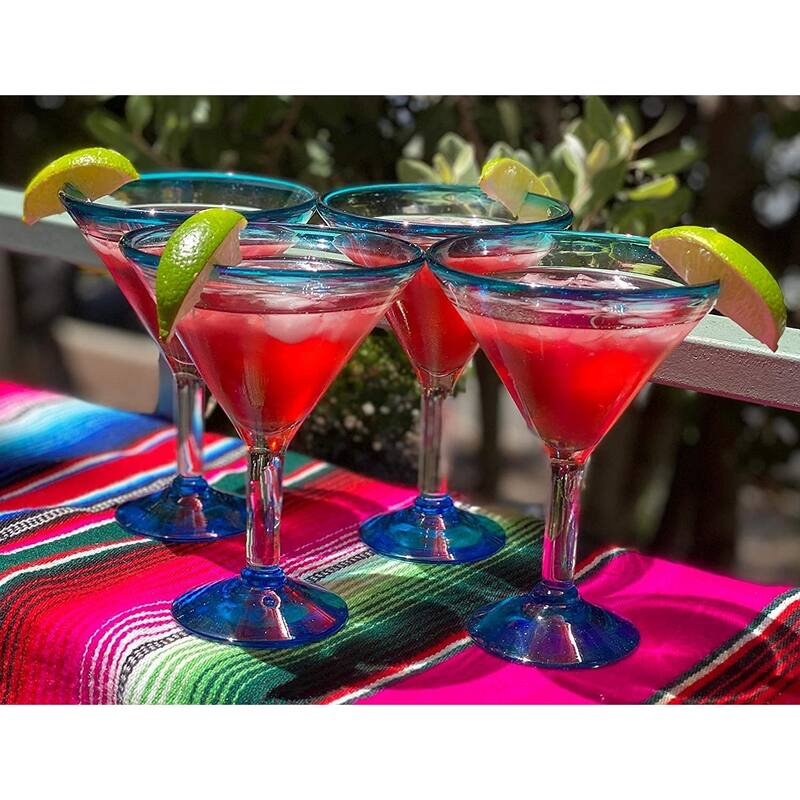 Dos Suenos Mexican Hand Blown Glass - Set of 4 Hand Blown Modern Margarita Glasses - Aqua Rim (12 oz)