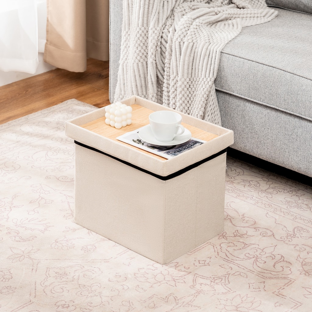 Adeco Foldable Linen Storage Ottoman with Tufted Button Design