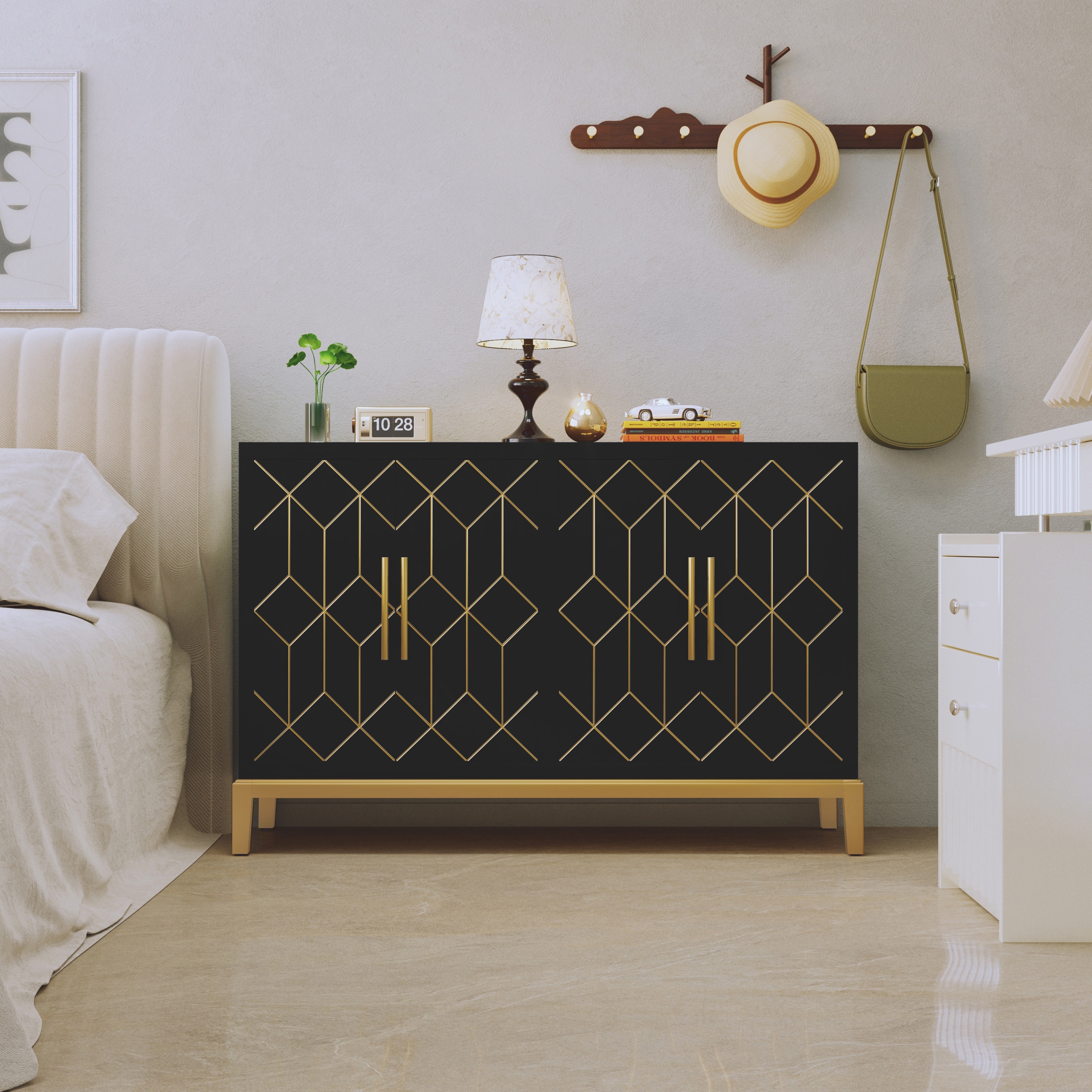 4 Doors Sideboard Buffet Cabinet with Gold Trim