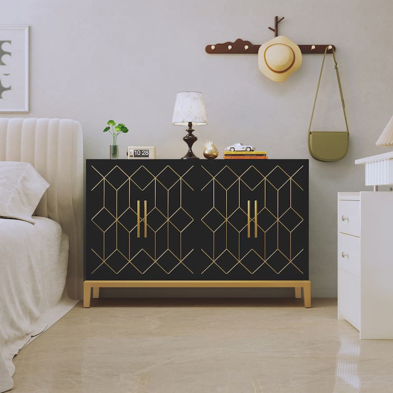 4 Doors Sideboard Buffet Cabinet with Gold Trim - Black