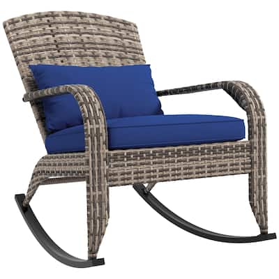 Outdoor Wicker Adirondack Rocking Chair, Patio Rattan Rocker Chair with High Back, Seat Cushion, and Pillow for Garden, Porch
