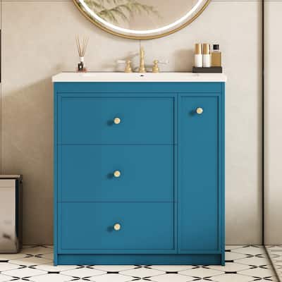 30" Blue Bathroom Vanity with Sink, 2 Soft-Close Drawers and Side Drawer, Freestanding Storage Cabinet with Gold Metal Knobs