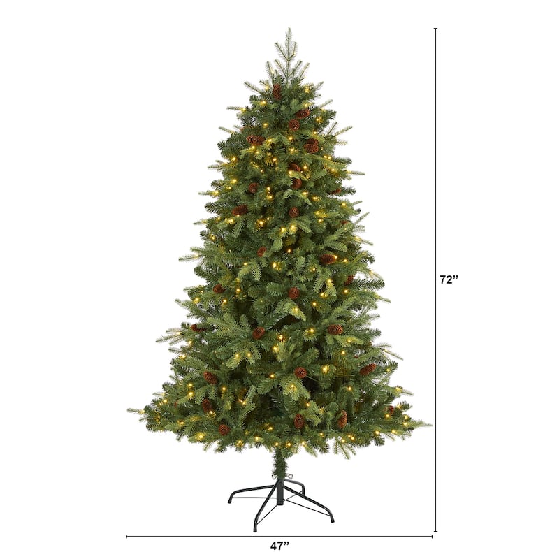 6Ft Pre-Lit Christmas Tree - Wellington Spruce Look with 300 Clear Lights & Pine Cones - Festive Holiday Decor - Green - 72