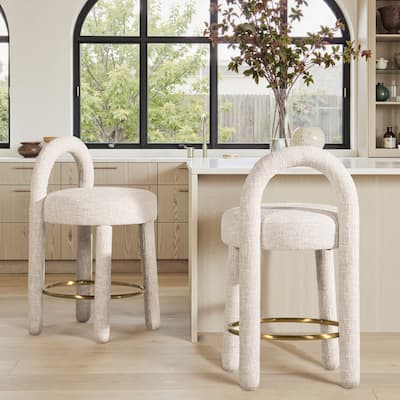 26.5" Round Arched Upholstered Counter Stool, Set Of 2, Travertine Beige Chenille