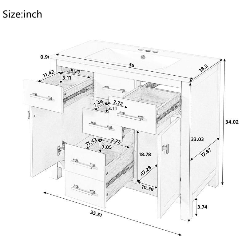 36" Modern Freestanding Bathroom Vanity Set - Ceramic Sink Combo with 4 Drawers & 2 Cabinets, Solid Wood Frame Storage Cabinet‌.