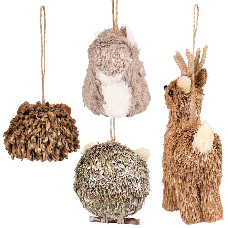 Woodland Critters Christmas Ornaments - 6" - Ivory and Brown - Set of 4