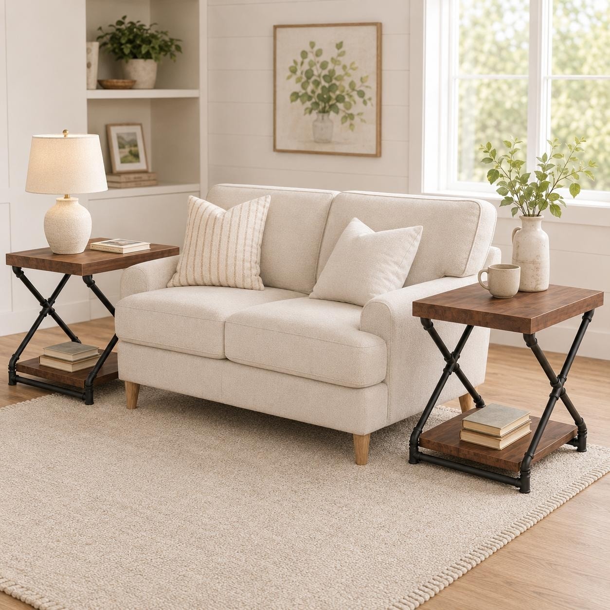 Industrial Solid Wood Side Table with Lower Storage Shelf and Metal X-Legs