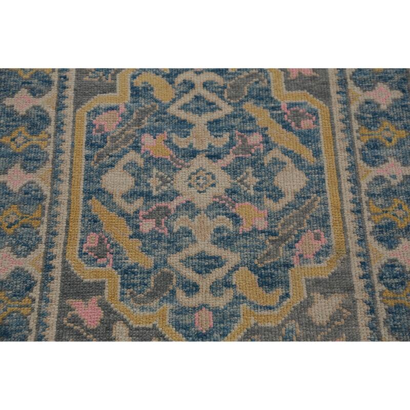 Hand Knotted Oriental 100% Wool Carpet Transitional Geometric Greys & Charcoal Oushak Runner Rug - 14' 1'' X 3' 2''