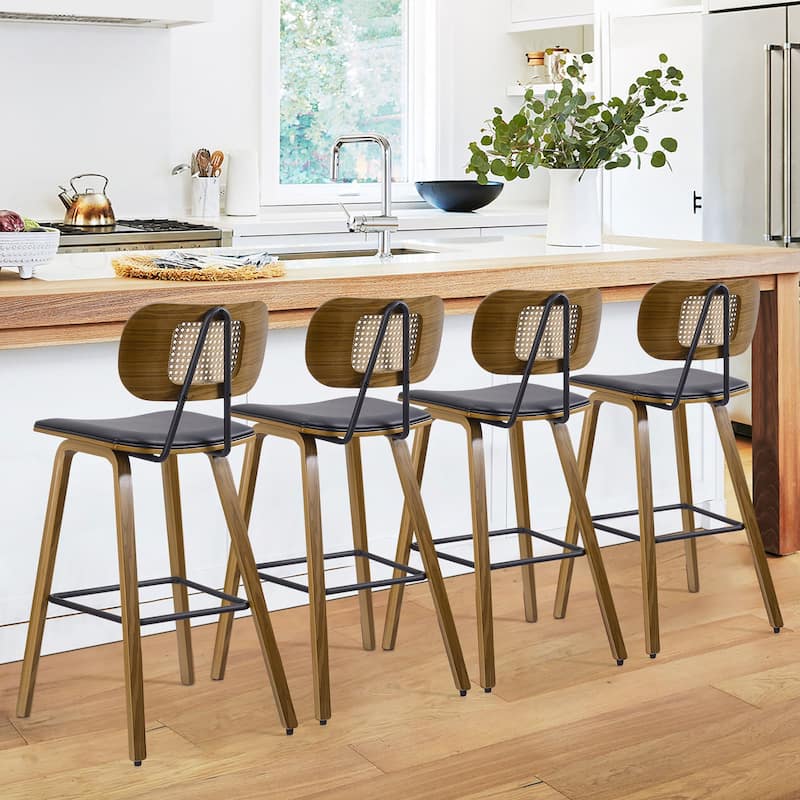 26-inch Wood Counter Height Bar Stools with Rattan Back