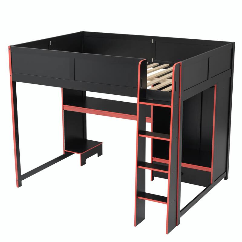 Wood Gaming Loft Bed with Built-In Desk, Wardrobe, LED Lights and Drawer
