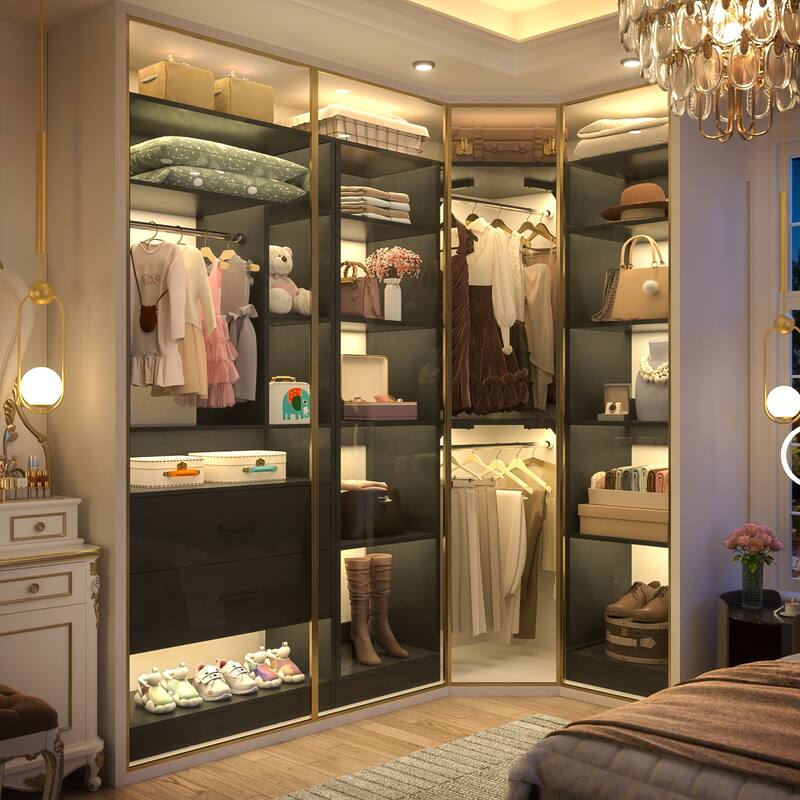 Rackcog 63.2'' W Corner Closet System with 2 Wooden Drawers and 3 Hanging Rods, Walk-in Closet Organizer with 12 Storage Shelves