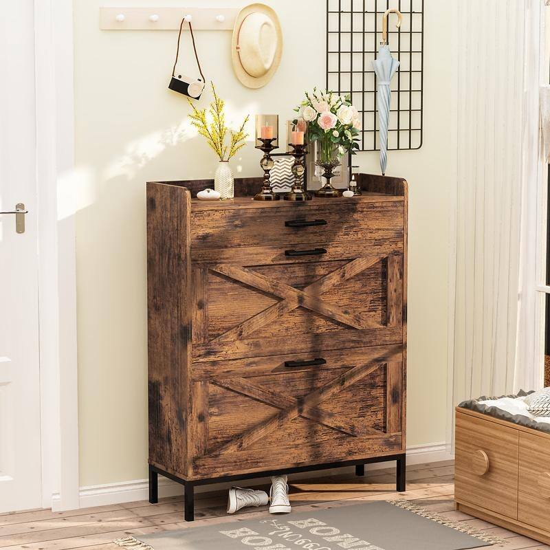 Grondin Farmhouse Style Shoe Storage Cabinet with Drawers, Freestanding Shoe Oragenizer for Entryway, Narrow Shoe Rack Cabinet - Rustic Brown