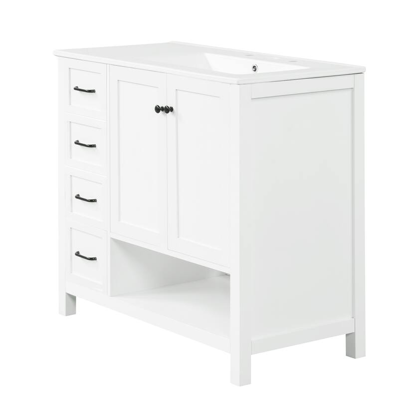 Roomfitters 36" Bathroom Vanity with Sink, Right-Side Basin, Solid Wood Frame, 2 Doors, 2 Drawers & Open Shelf