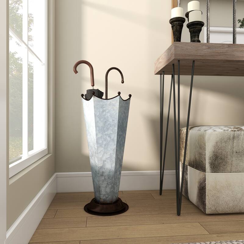 Gray Metal Galvanized Umbrella Stand with Copper Base and Handle