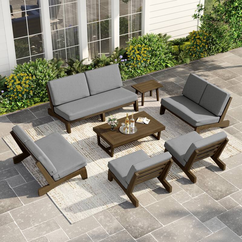 Casual Teak Wood Large 7-Piece Outdoor Patio Conversation Set - Natural Wood - Grey