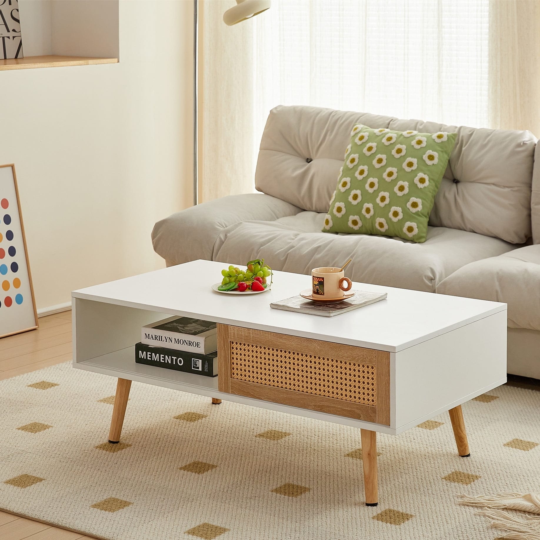 41.34-inch Modern Coffee Table with Rattan Storage, White Sofa Center Table for Living Room