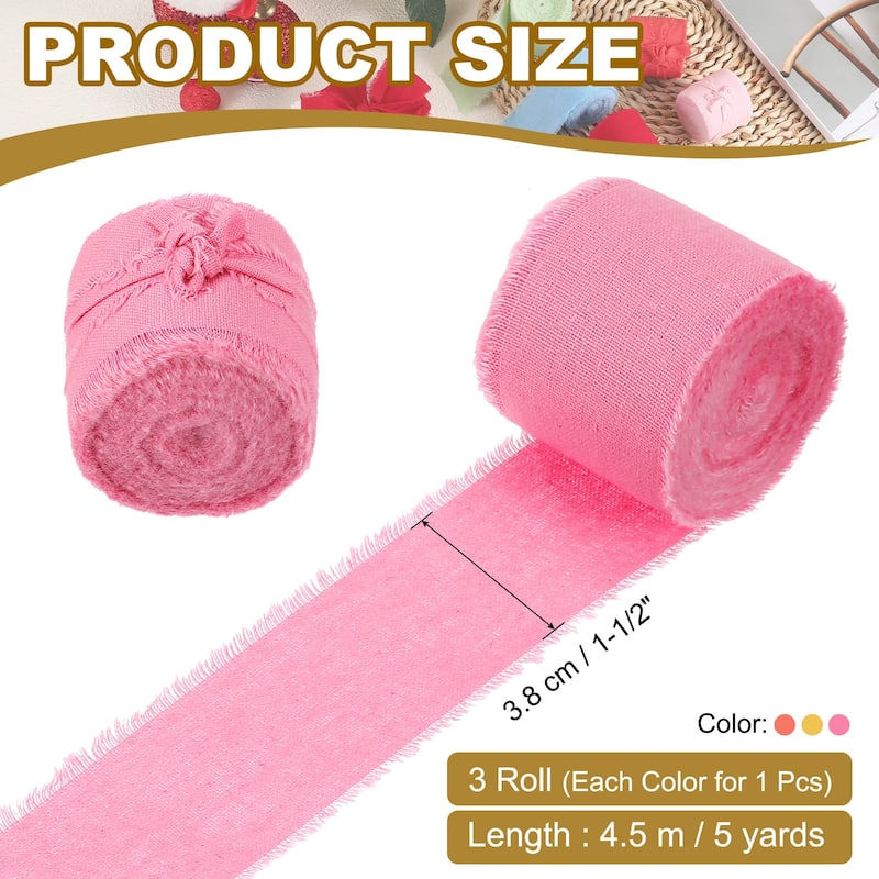 1-1/2"x15 Yd Handmade Fringe Cotton Ribbon Frayed Ribbons 3 Roll - 5Yd - Dark Pink/Yellow/Orange