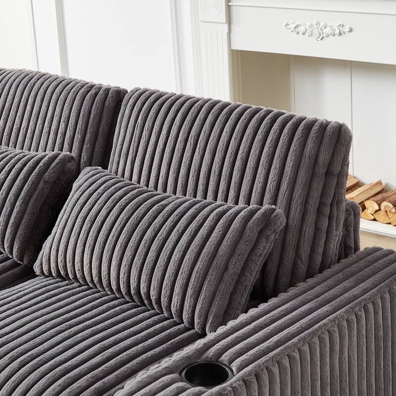 Modern 126-inch Corduroy Sofa with 4 Cushions, Movable Footrest, USB Ports, and Cup Holders