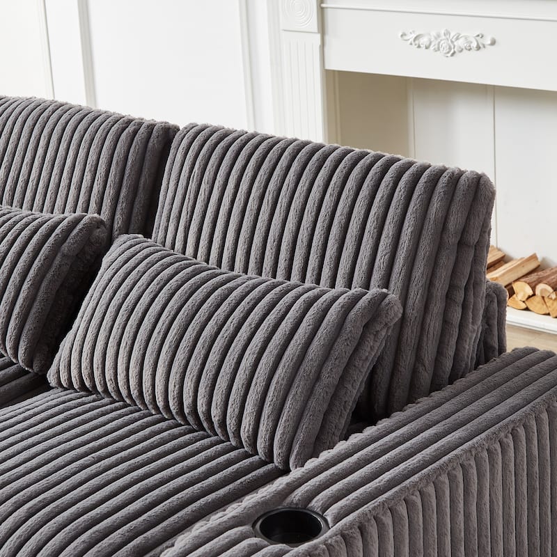 Super Large 126-Inch Corduroy L-Shaped Sofa with Cup Holders, USB Port, Movable Footrest, and 8 Cushions.