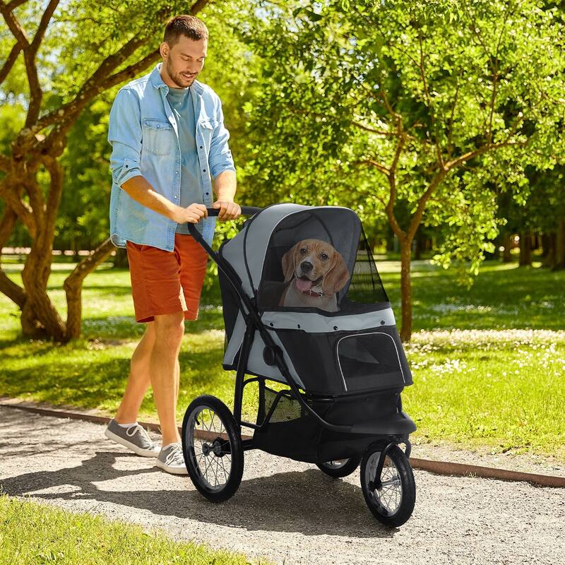PawHut Pet Stroller for Small and Medium Dogs, 3 Big Wheels Foldable Cat Stroller with Adjustable Canopy