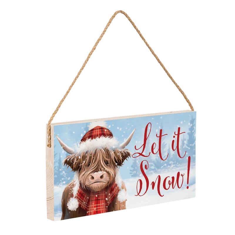 Holiday Highland Cow Hanging Wall Sign - 11"x6"