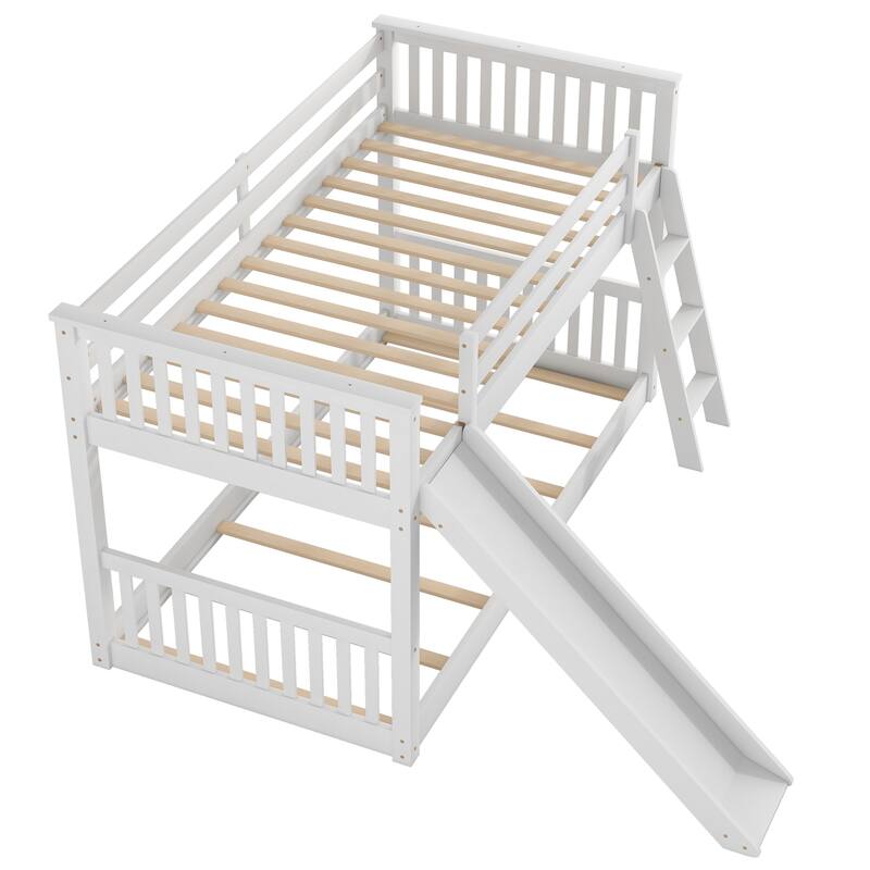 Floor Bunk Bed with Convertible Slide and Ladder, Wood Bunk Bedframe with Full-Length Guardrail Space-saving Low Bunk Bed