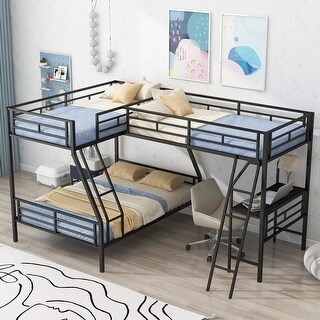 Twin Over Full Bunk Bed with Attached Twin Loft Bed and Desk, Sturdy Metal Frame, Guardrails and Built-in Ladder, Black
