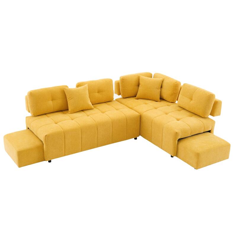 91.73" L-Shaped 4-Seat Sectional Sofa with 2 Hidden Stools, 2 Removable Lumbar Cushions, and Durable Chenille Fabric