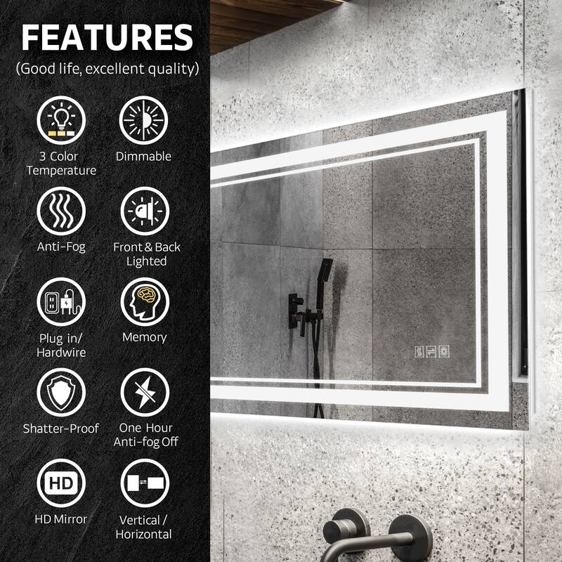 Yulika Front Backlit Lighted Wall Mirror Rectangle Dimmable Vanity Mirror with Anti-Fog & Memory Function