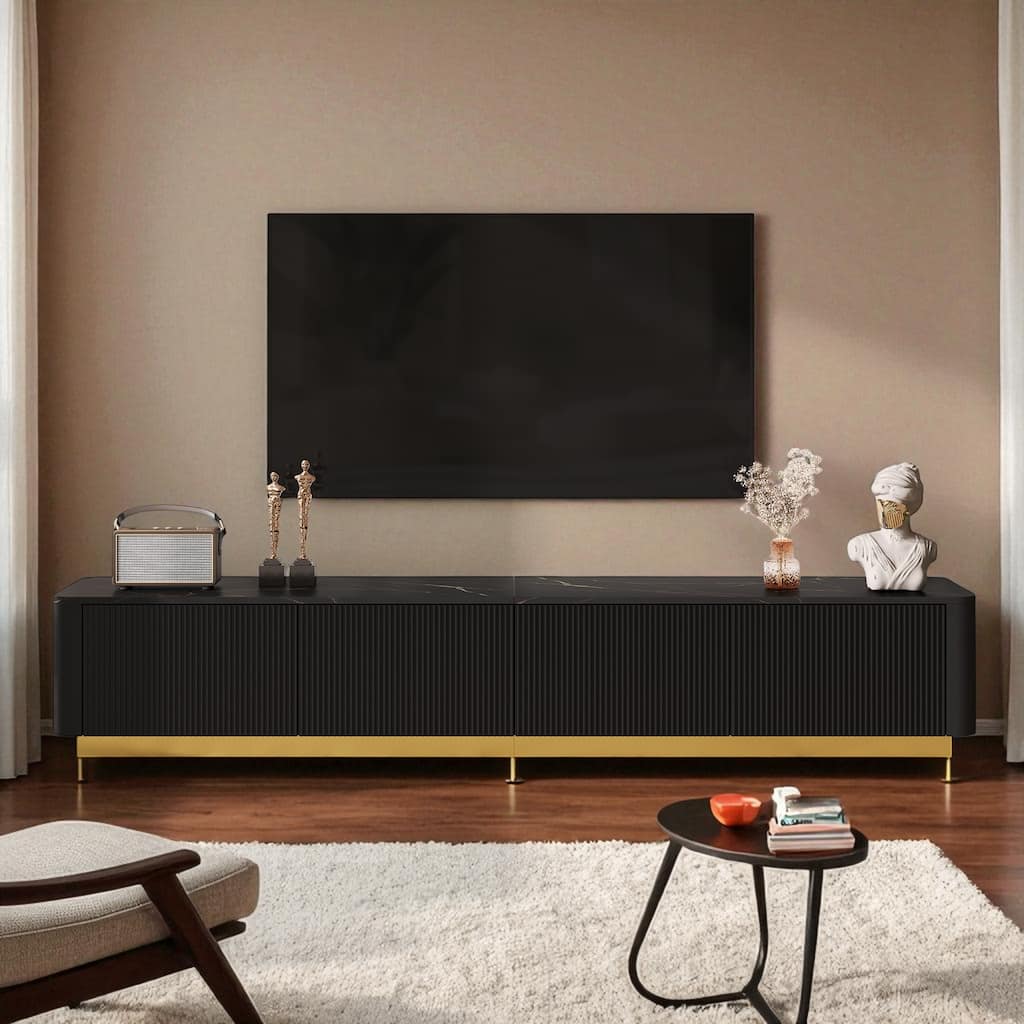Luxury Fluted TV Stand, 78.7" Media Console for TVs up to 85", Faux Marble Top, 4 Drawers, Curved Design, Gold Base