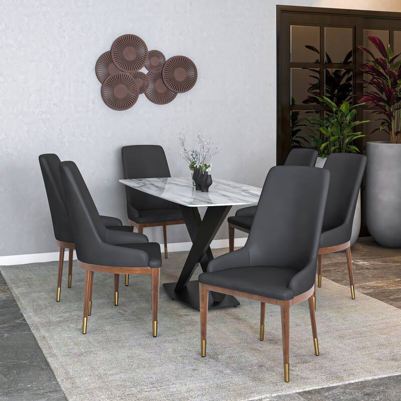 Upholstered Leather Dining Chair with Rubberwood Frame Side Chair High Back and Gold Accent Legs for Living Room