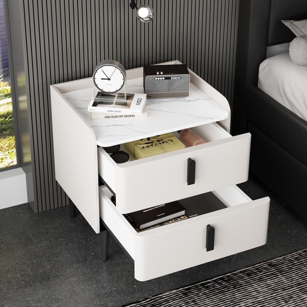 Modern Nightstand with 2 Drawers and Marble-Pattern Tabletop, White